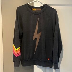 Aviator Nation Black Lightning Bolt Sweatshirt with Neon Sleeve Stripes